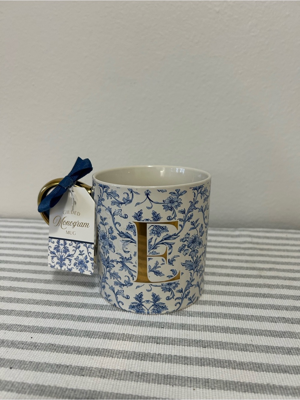 Gilded Monogram Ceramic Mug - Blue Floral with Gold 'E'